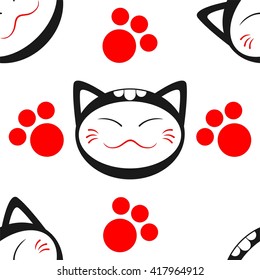 Seamless pattern in the Japanese style with a smiling cat and traces from paws