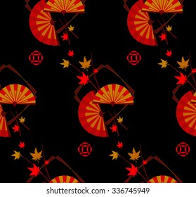 Seamless pattern in the Japanese style with a stylized red fans, branches, frame and maple leaves on a black background.