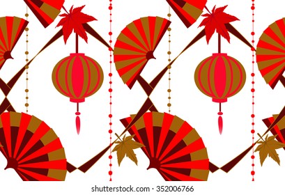 Seamless pattern in the Japanese style with a stylized fans, red and golden lanterns and maple leaves in a frame on a white background .