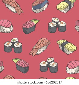 Seamless pattern with japanese style sushi in color