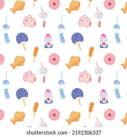 Seamless pattern with Japanese summer objects. Wind chimes, taiyaki, dango, shaved ice and Katori buta. Hand drawn repeat texture. Vector illustration EPS