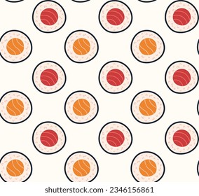 Seamless pattern of japanese sushi roll with salmon and tuna. Asian food. Vector illustration for menu, restaurant, delivery, cafe.