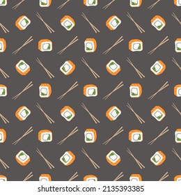 Seamless pattern with japanese sushi and rolls. Print of delicious oriental traditional food on dark background. Vector flat food illustration