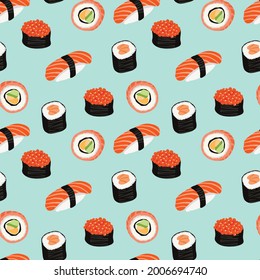 seamless pattern japanese traditional food, rolls, sushi and nigiri. cartoon style on blue background