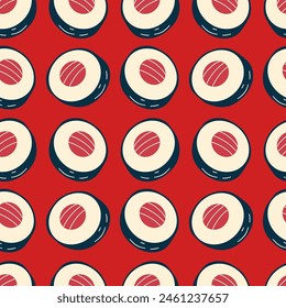 seamless pattern japanese traditional food, rolls, sushi, cartoon style on red background
