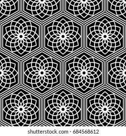 Seamless pattern of Japanese traditional lattice ornament with Lotus flower. Oriental trellis print. Abstract black and white background of intersected shapes in Asian style. Vector Illustration. 
