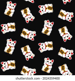 Seamless, Pattern Japanese traditional lucky cat"MANEKI NEKO" . A cat figurine that wishes for money and happiness to come.
Translation: "a lot of money - 
Fortune"