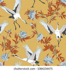 Seamless pattern with Japanese white cranes and peony, embroidered sequins.