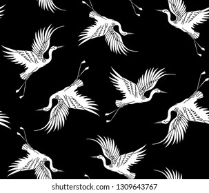 Seamless pattern with Japanese white cranes.