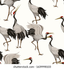 Seamless pattern  with Japanese white cranes. Oriental wallpaper.