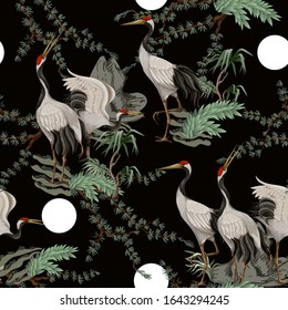 Seamless pattern  with Japanese white cranes. Oriental wallpaper.