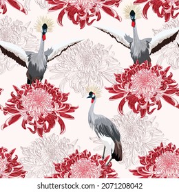 Seamless pattern with Japanese white cranes and red chrysanthemum, embroidered sequins. Chinese cranes on white background.