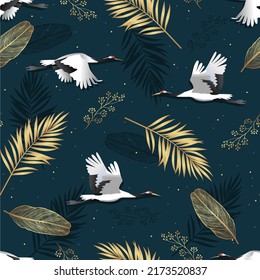 Seamless pattern with Japanese white cranes with leaves. Oriental wallpaper. Design for card, fabric, print, greeting, cloth, poster, clothes, textile.