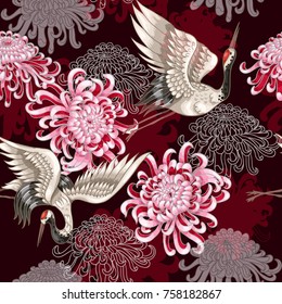 Seamless pattern with Japanese white cranes and chrysanthemums 