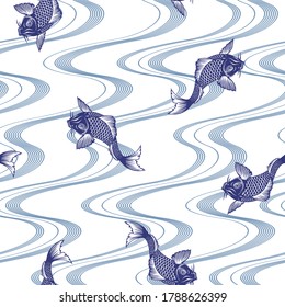 Seamless pattern of the Japanese-style carp and wave,