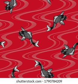 Seamless pattern of the Japanese-style carp and wave,