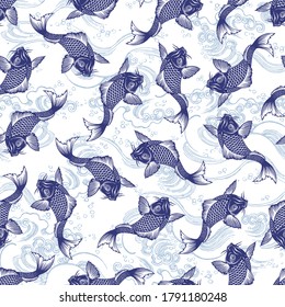 Seamless pattern of the Japanese-style carp and wave,