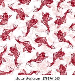 Seamless pattern of the Japanese-style carp and wave,
