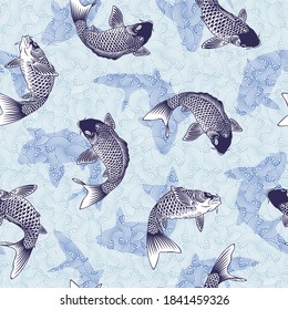 Seamless pattern of the Japanese-style carp and wave,