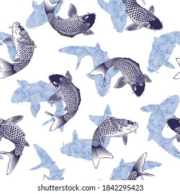 Seamless pattern of the Japanese-style carp and wave,
