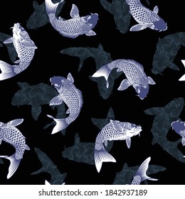 Seamless pattern of the Japanese-style carp and wave,
