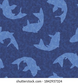 Seamless pattern of the Japanese-style carp and wave,
