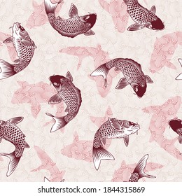 Seamless pattern of the Japanese-style carp and wave,