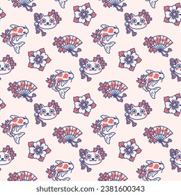 Seamless pattern with Japanise cat mask, paper hand fan, sakura flowers and koi fish carp. Endless texture in Asian style. Oriental background