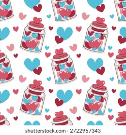 Patrón Sin Costuras Con Tarro Lleno De Corazones En Estilo Plano. Textura De La Poción Del Amor Del Día De San Valentín Para La Tela, El Fondo, El Embalaje, El Fondo de pantalla Y El Diseño Superficial. Concepto de recuerdo de amor