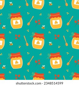 Seamless pattern with a jar of honey, and berries. Cute cartoon honey print. Vector illustration