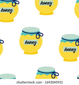 Seamless pattern with jar with honey . Cute cartoon baby background. Wallpaper, print, packaging, paper, textile design. flat Vector illustration.
