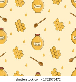 Seamless pattern of a jar of honey, stick for honey and honey comb.