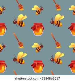 Seamless Pattern with Jar of Honey, Wooden Spoon and Bees. Decor Background. Vector Illustration in Cartoon Style.