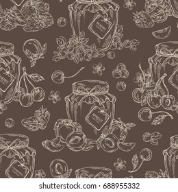 Seamless pattern with jar of jam with cherry, strawberry, jam with blueberries and apricot. Vector hand drawn illustration