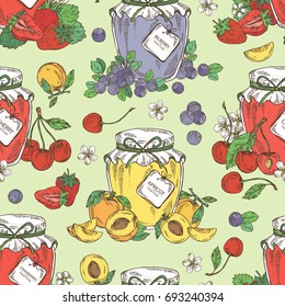 Seamless pattern with jar of jam with cherry, strawberry, jam with blueberries and apricot. Vector hand drawn illustration