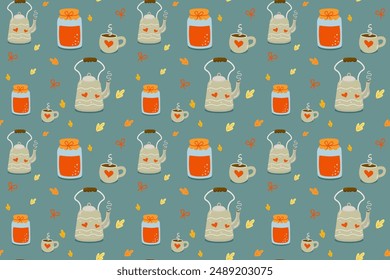 Seamless pattern with jar of jam, cup of tea and kettle isolated. Seasonal ornament. Endless texture can be used for web design, printing onto fabric and paper or scrapbooking.