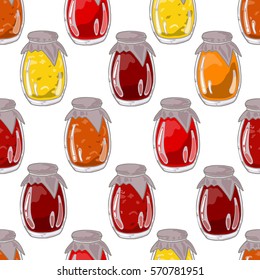 Seamless pattern with jar of jam isolated on white, vector illustration