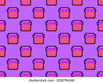Seamless pattern with jar of jam in pixel art style. 8 bit jar of jam in 2D retro style. Design for printing, wrapping paper and advertising. Vector illustration