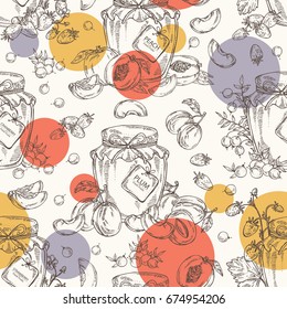 Seamless pattern with jar of jam with plum, cranberry, jam with peach and strawberry. Vector hand drawn illustration.