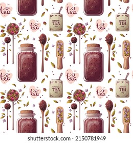 Seamless pattern with jar of loose tea and spoons. Tea shop, break, cafe-bar, tea lover, tea party, beverages concept. Perfect for product design, scrapbooking, textile, wrapping.