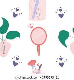 Seamless pattern of jar with makeup brushes, a mirror and a vase with tropical leaves. Design for print, web and wrapping paper girly concept. Flat illustration.
