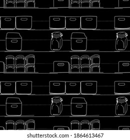 seamless pattern jars, boxes, containers on a black background. black and white. chalk outline. kitchen design, towels, packaging design. pantry, wardrobe, shelves. to clean up. jar of cereals. Jam.