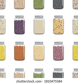 Seamless pattern of jars with cereals, beans, grains, nuts and seeds for kitchen storage. Hand drawn cartoon vector illustration. Isolated on white background.