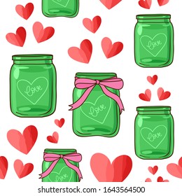 Seamless pattern with jars and hearts. Valentines day vector illustration.