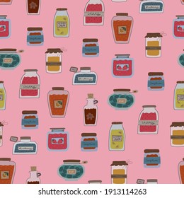 Patrón sin foco de jarras con mermeladas caseras, miel, jarabe de arce. Kiwi, naranja, limón, fresa, arándanos, mermeladas de cerezo. Dibujo manual de ilustración vectorial. Envuelto por comida dulce.