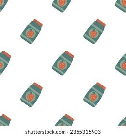 Seamless pattern with Jars of jam fruits and berries. Vintage fruit candies. Vector hand drawn illustration.