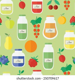 Seamless pattern with jars of jam and fruits. Flat design vector illustration
