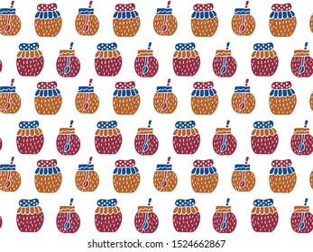 Seamless pattern of jars of jam in the Scandinavian style on a white background. For wrapping paper, textiles, fabric, Wallpaper, etc. Hand drawing. Vector.