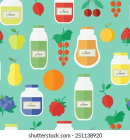 Seamless pattern with jars of juice and fruits. Flat vector background