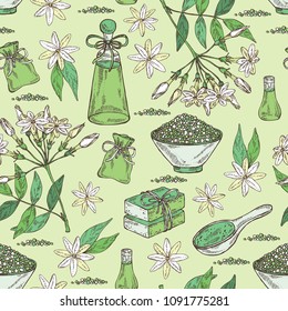 Seamless pattern with jasmine flower and leaves, jasmine essential oil, soap and bath salt . Cosmetic, perfumery and medical plant. Vector hand drawn illustration. 
